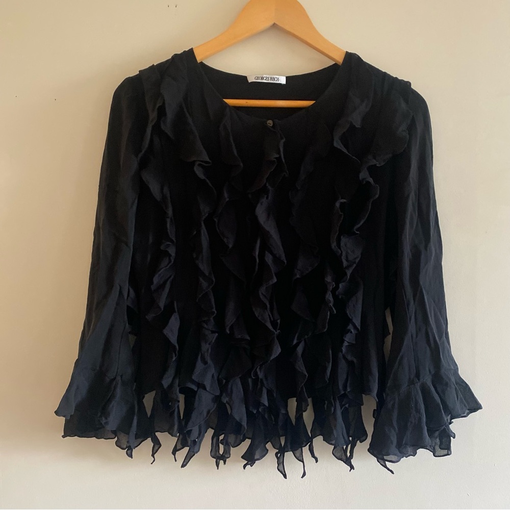 Georges Rech 100% silk black ruffle blouse sheer boho fairy bell sleeve top
